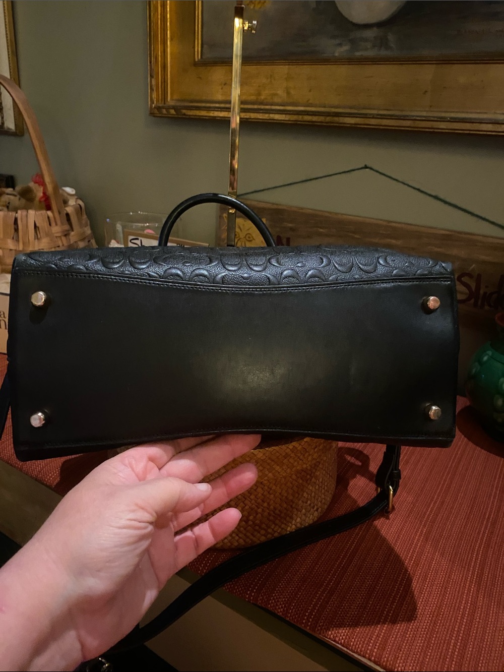 Coach Emma Black Satchel Crossbody Signature C and Cowhide Leather w/Gold studs - Picture 9 of 16